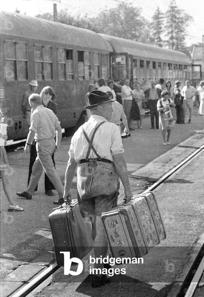 Special train of a travel agency in Ruhpolding, 1974 (b/w photo)