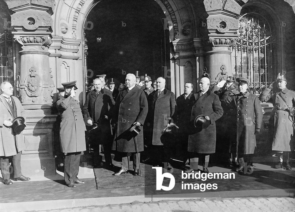 Konrad Adenauer and Paul von Hindenburg during the celebrations of the emancipation of the Rhineland, 1926 (b/w photo)