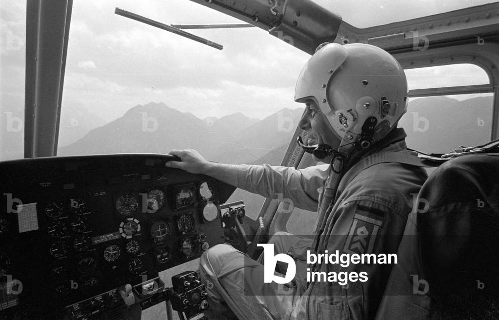 View of the cockpit of a rescue helicopter, 1970 (b/w photo)