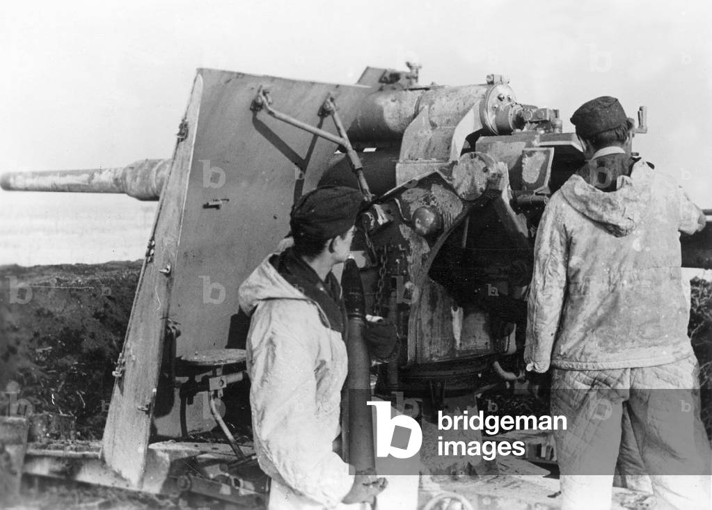 German anti-aircraft gun in Hungary, 1945 (b/w photo)