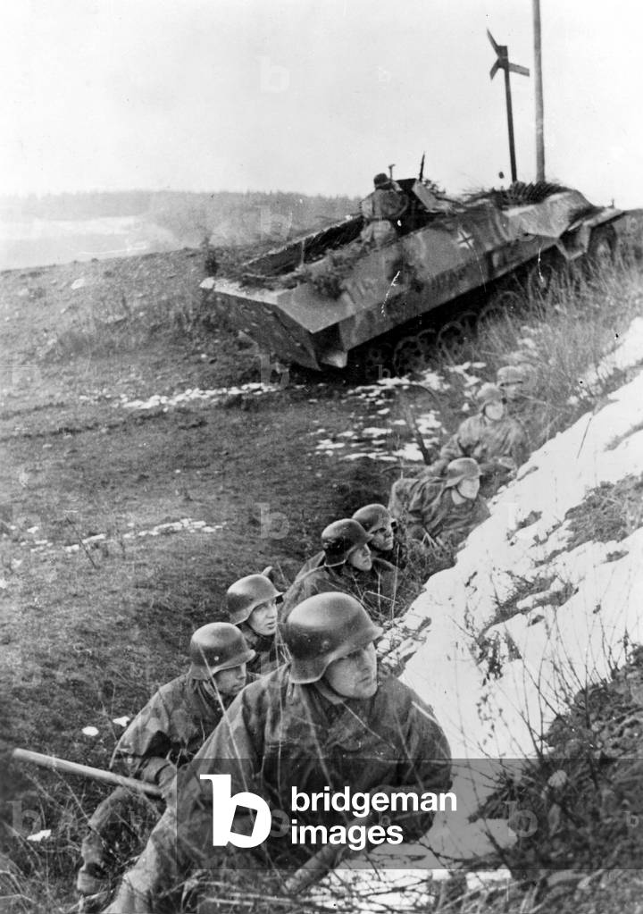 German soldiers and armored vehicles on the Western Front, 1945 (b/w photo)