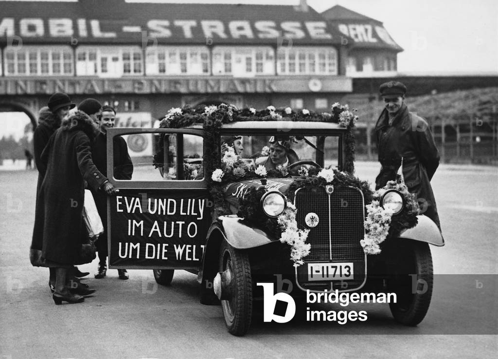Departure of a trip by car around the world, 1932 (b/w photo)