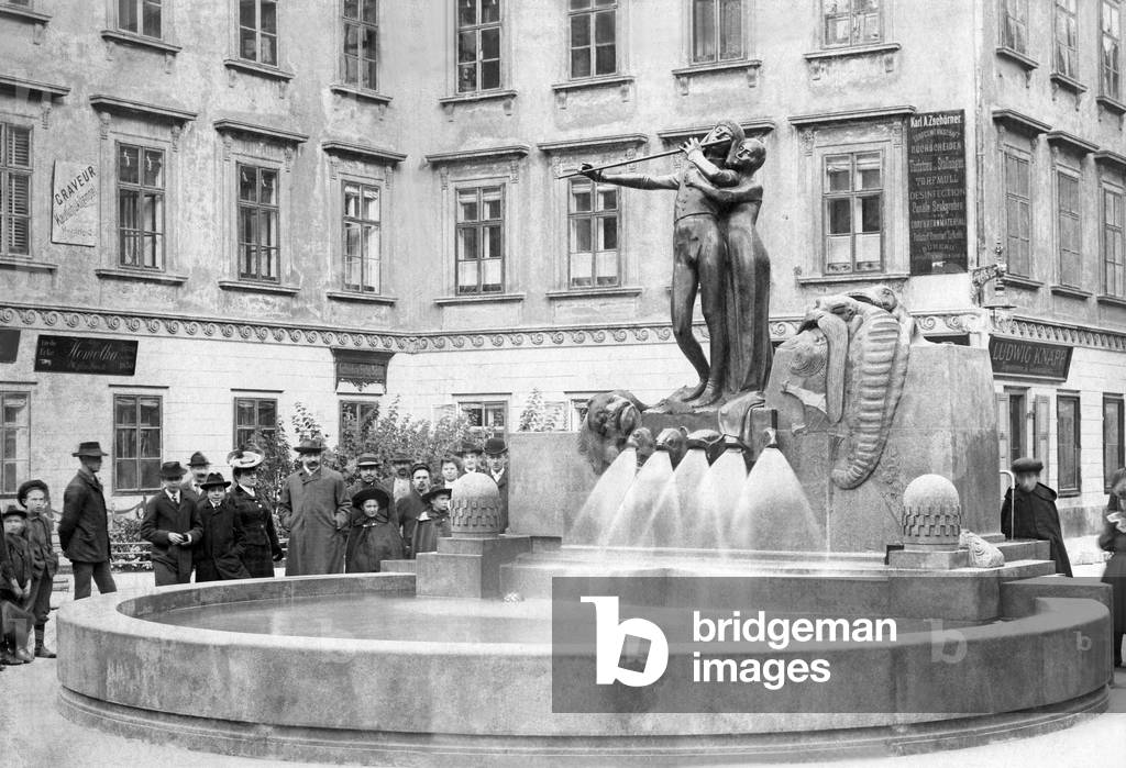 Mozart Fountain in Vienna, 1905 (b/w photo)