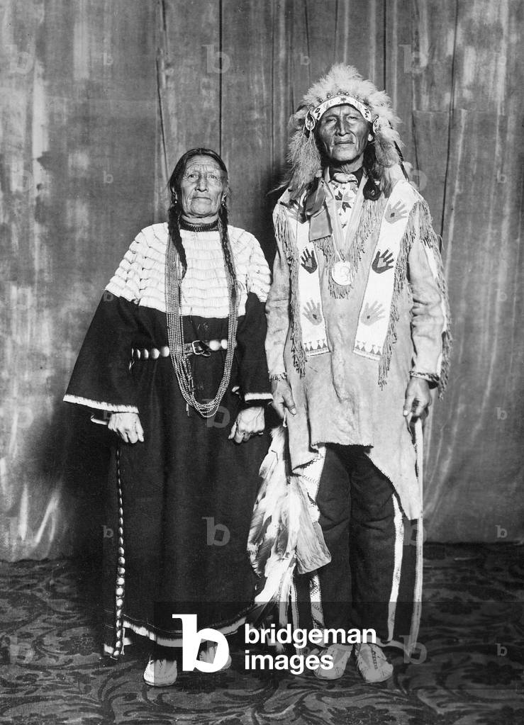 Sioux Chief Black Horn with his wife (b/w photo)