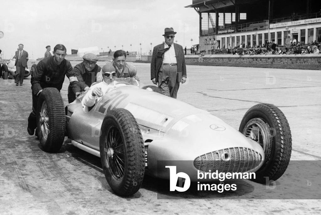 Manfred von Brauchitsch in his Mercedes on the Nuerburgring, 1939 (b/w photo)