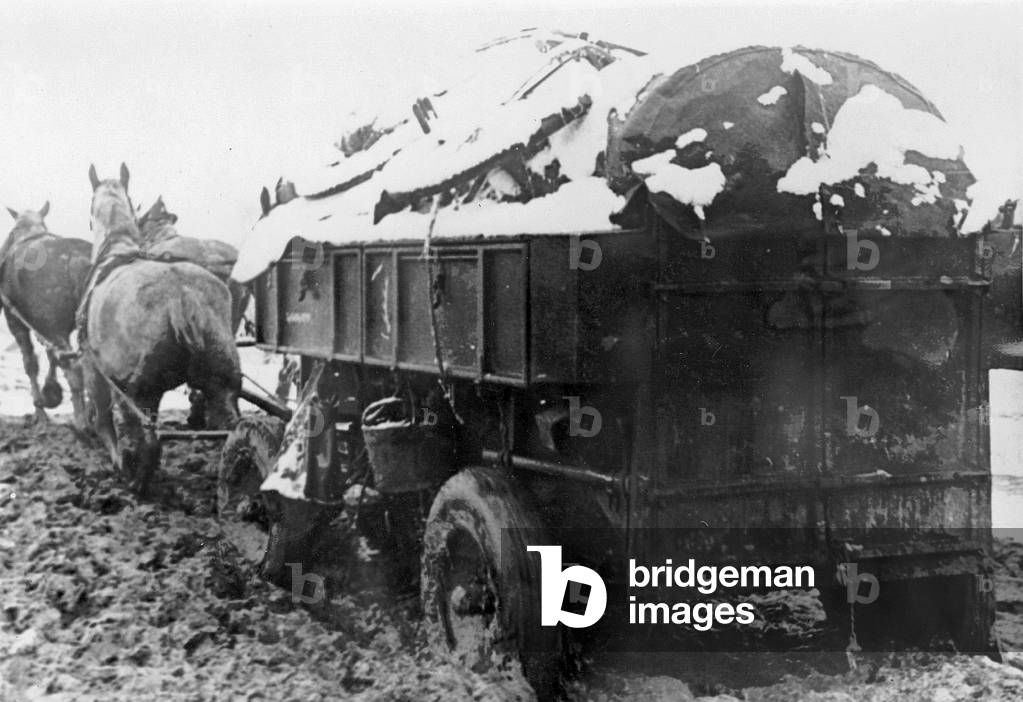 Horse wagons of the Wehrmacht on the Eastern Front, 1941 (b/w photo)
