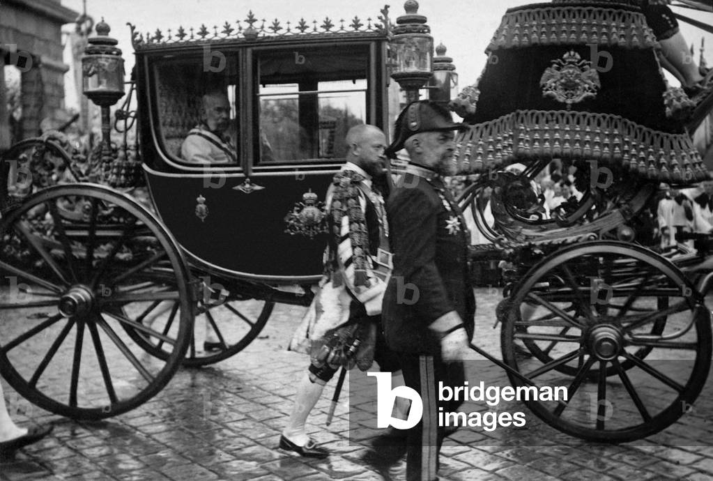 Emperor Franz Joseph I in his parade car, 1912 (b/w photo)