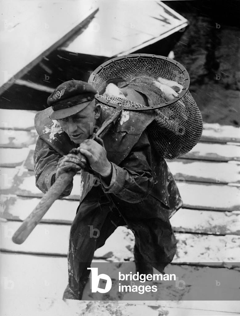 Fisherman with captives carps, 1938 (b/w photo)