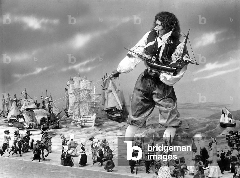 Gulliver among the Lilliputians (b/w photo)