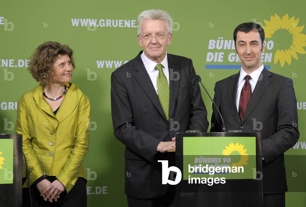 Left to right: Eveline Lemke, Gruenen's top candidate in Rhineland-Palatinate, Winfried Kretschmann, top candidate for the Greens and presumably Prime Minister of Baden-Wuerttemberg and Cem Ozdemir, Federal Chairman of the Alliance 90 / The Greens, Berlin, 28th March 2011 (photo)