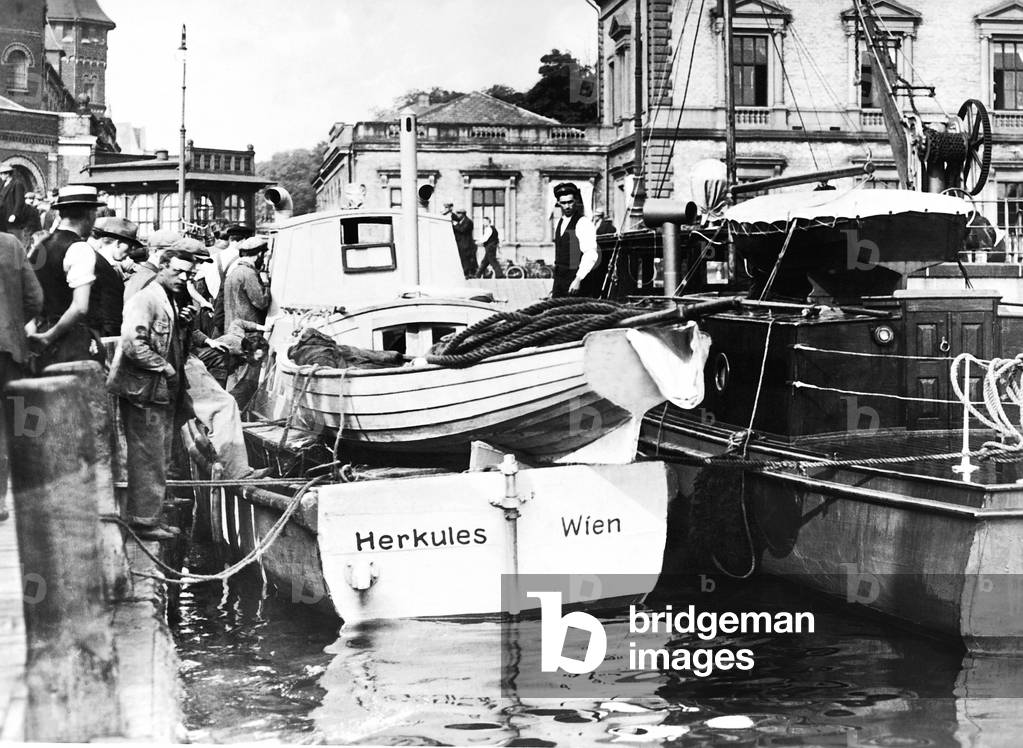 A captured smuggler boat in the port of Copenhagen, 1932 (b/w photo)