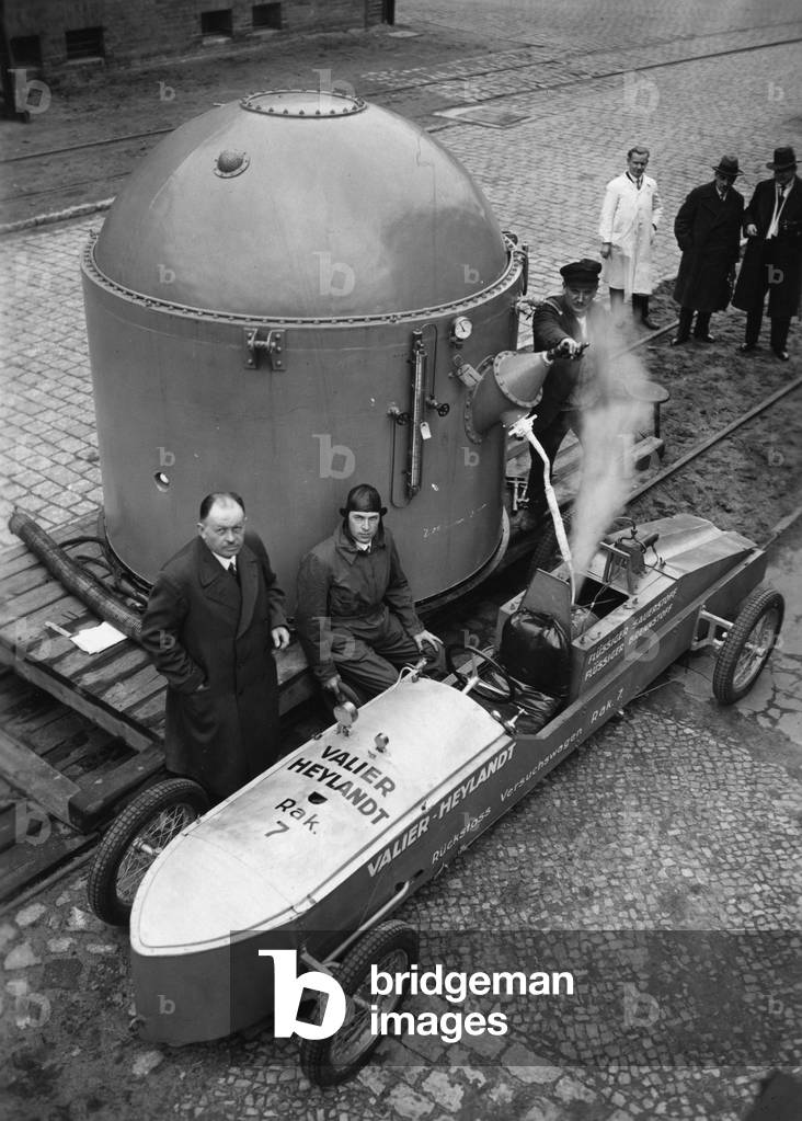 Dr. Heylandt and Max Valierwith their rocket car, 1930 (b/w photo)