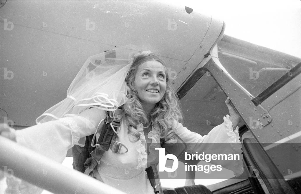 Wedding with parachute jump, 1974 (b/w photo)