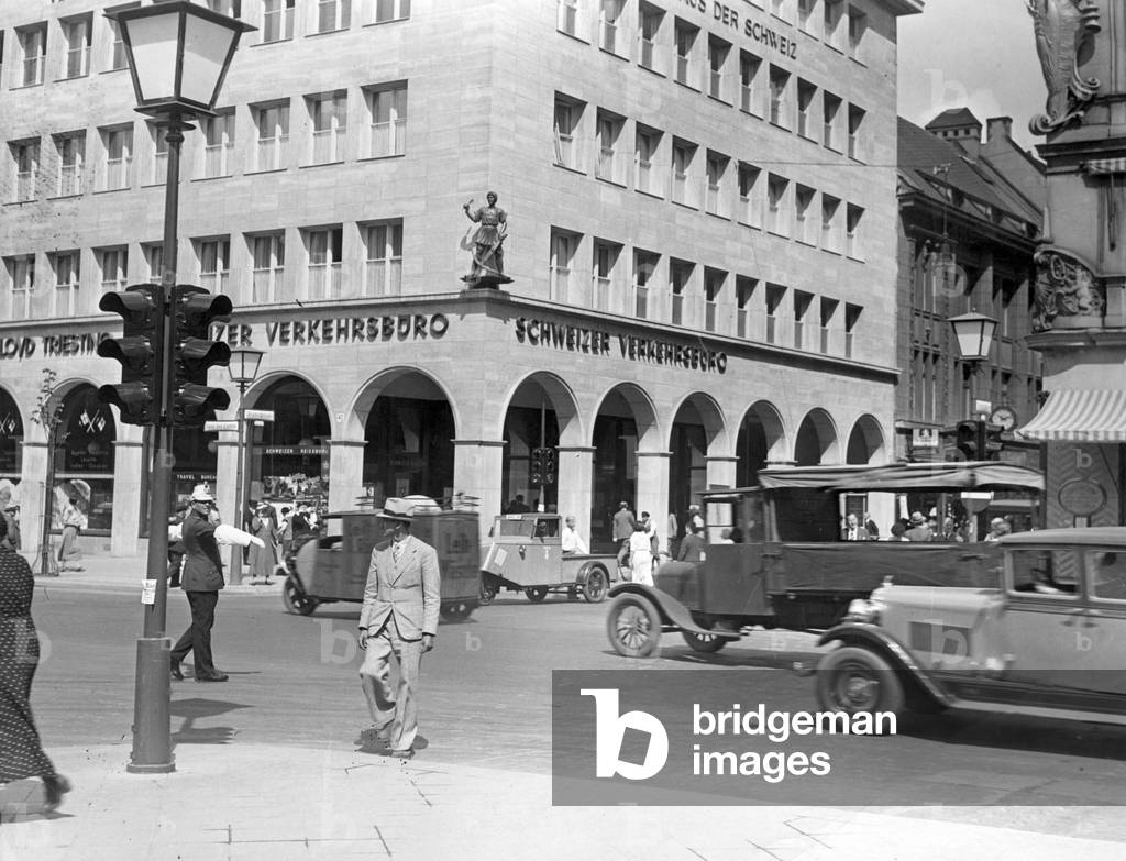 The Haus der Schweiz in the street Unter den Linden in Berlin, 1937 (b/w photo)