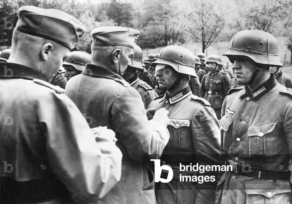 Awarding of German soldiers on the Western Front, 1940 (b/w photo)