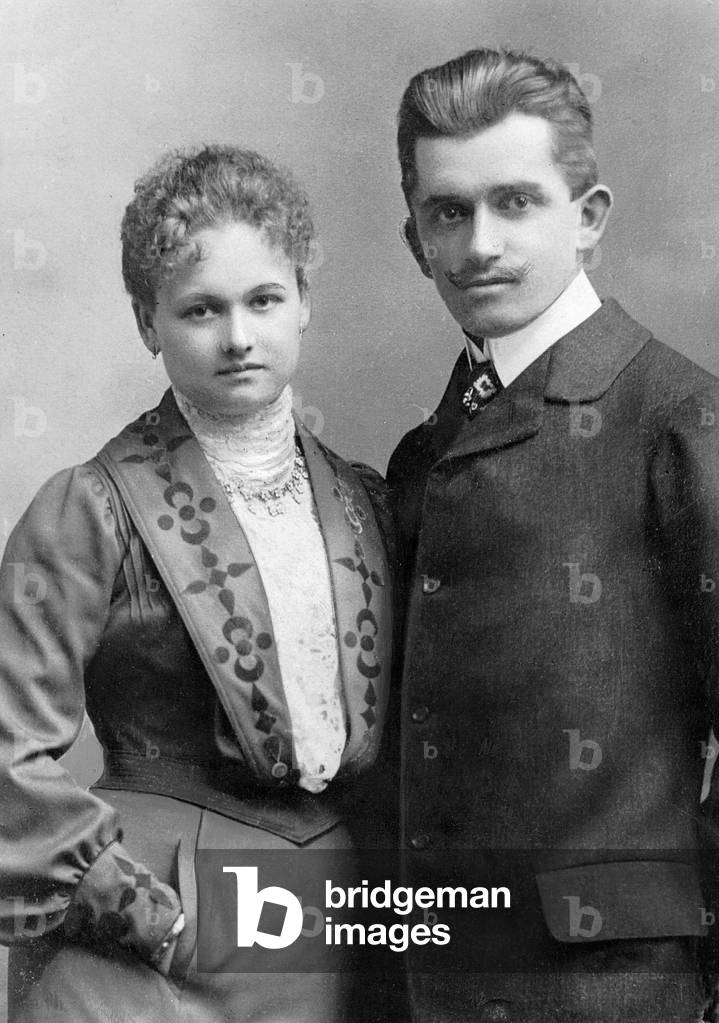 Volkswagen creator and automotive engineer Ferdinand Porsche with his fiancée Aloisia Kaes in Vienna, 1902 (b/w photo)