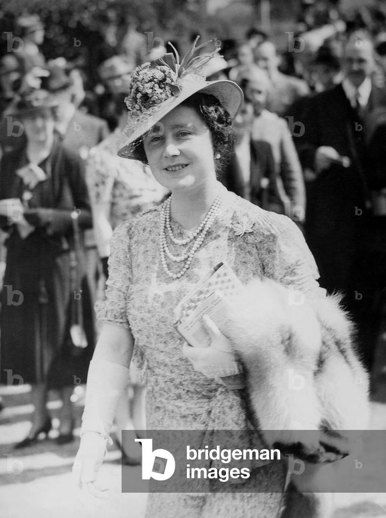Queen Elizabeth of Great Britain at the horse races, 1939 (b/w photo)