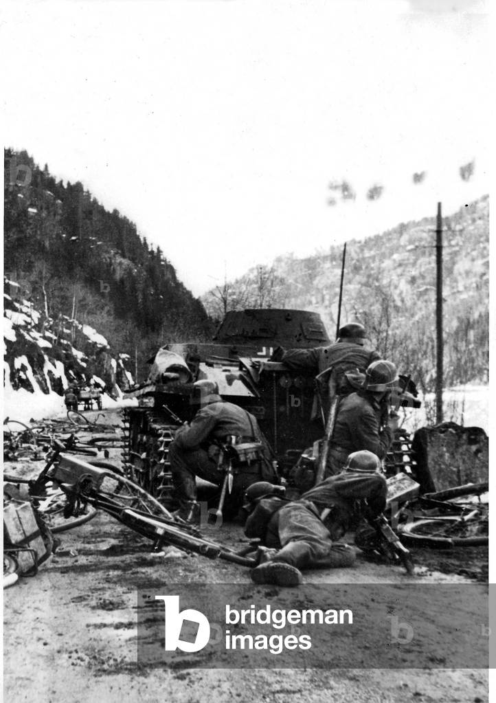German tanks and infantry in the Norwegian campaign (b/w photo)