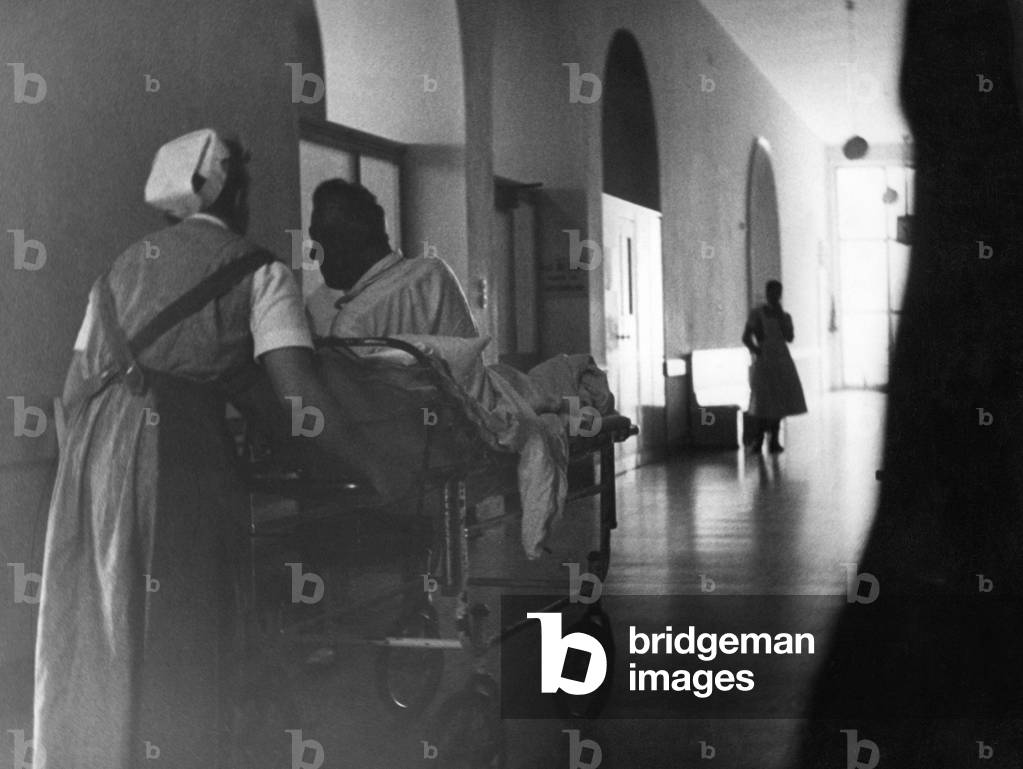 Hallway in a hospital, 1959 (b/w photo)