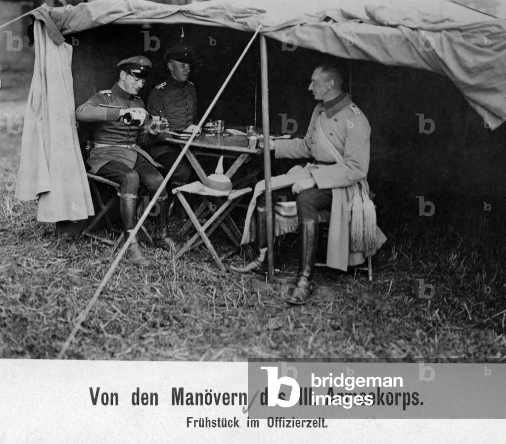 Breakfast in the officer's tent, 1912 (b/w photo)