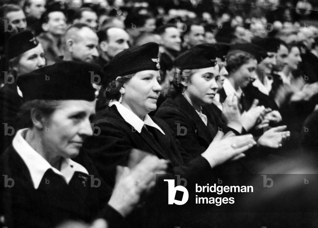 View of the audience during Goebbels' speech on the Total War, 1943 (b/w photo)