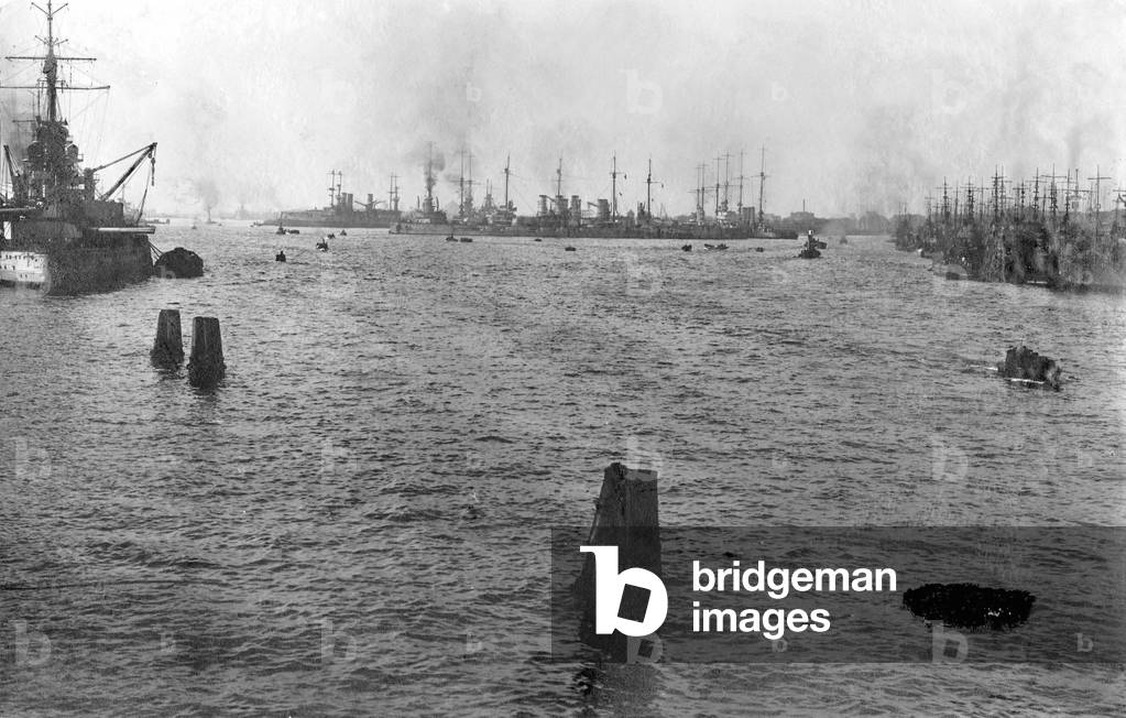 German war ships in a harbor (b/w photo)