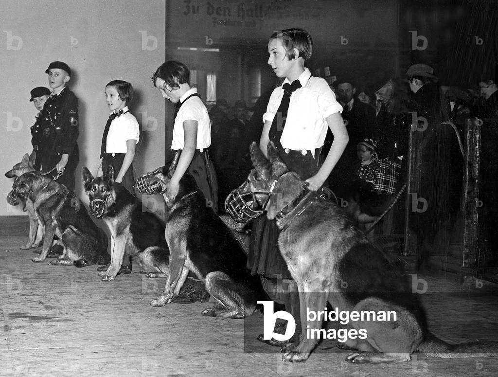 Kids of Hitler Youth and League of German Girls in Berlin, 1937 (b/w photo)
