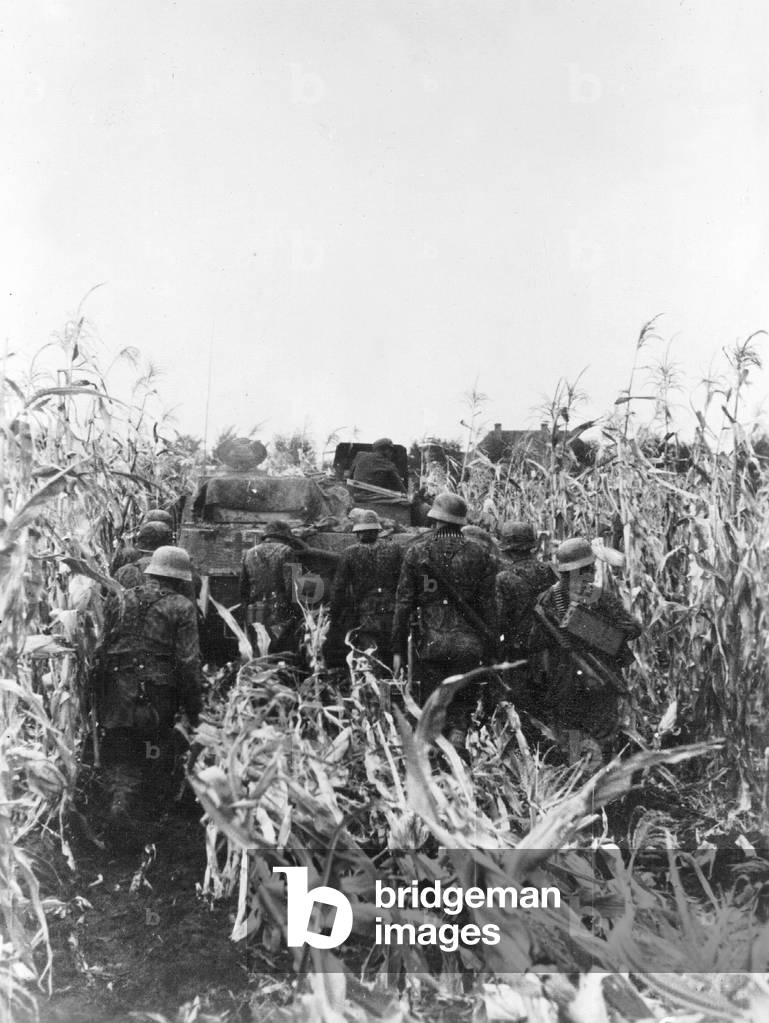 SS soldiers move against Soviet positions in Hungary, 1944 (b/w photo)