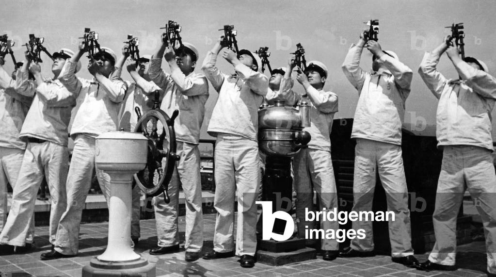 Japanese mariners with sextants, 1942. (b/w photo)