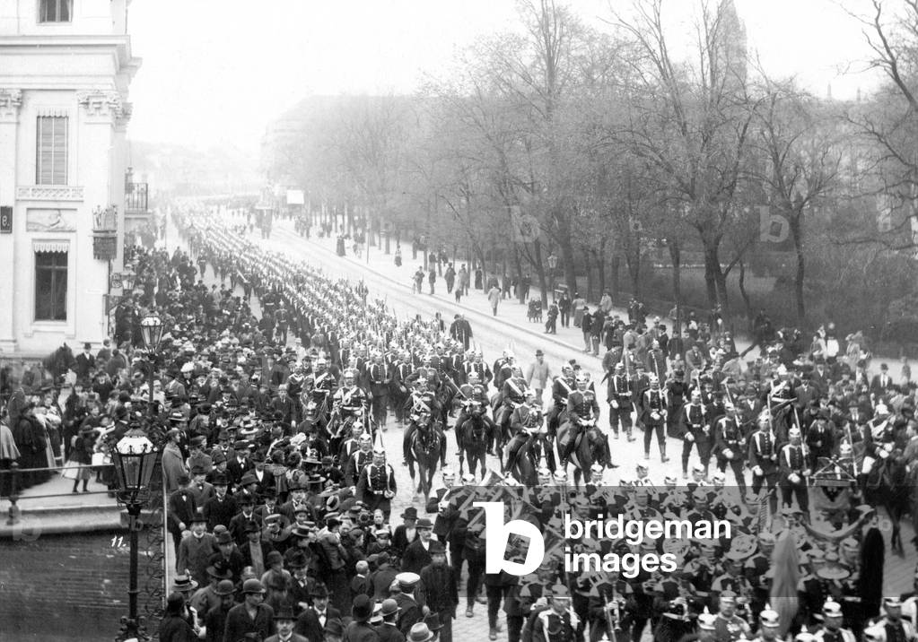 Kaiser Wilhelm II rides at the head of the 1st Guard Regiment, 1899 (b/w photo)