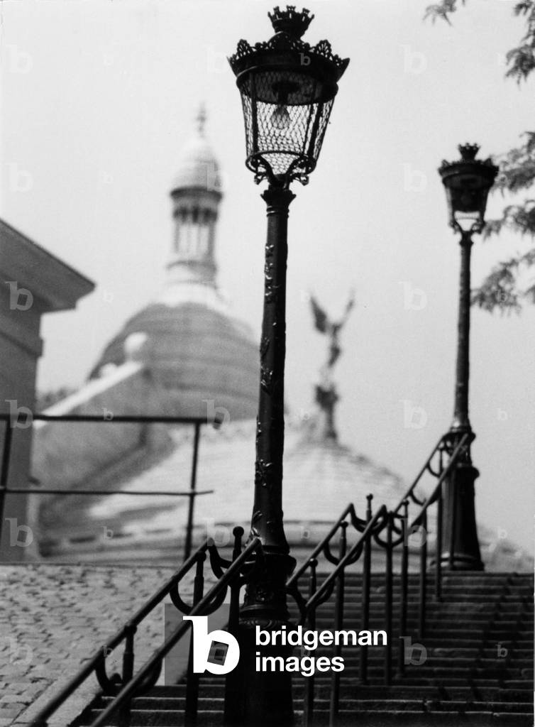 Lanterns on a flight of stairs to Sacre Coeur, 1960 (b/w photo)