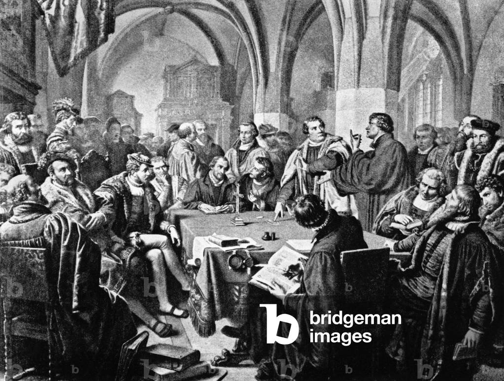 Martin Luther and Ulrich Zwingli in Marburg, 1529