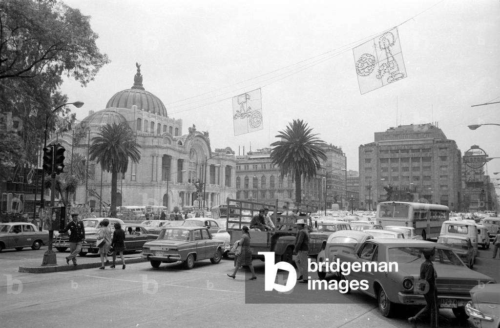 Traffic jam in the historical center of Mexico City, 1970 (b/w photo)