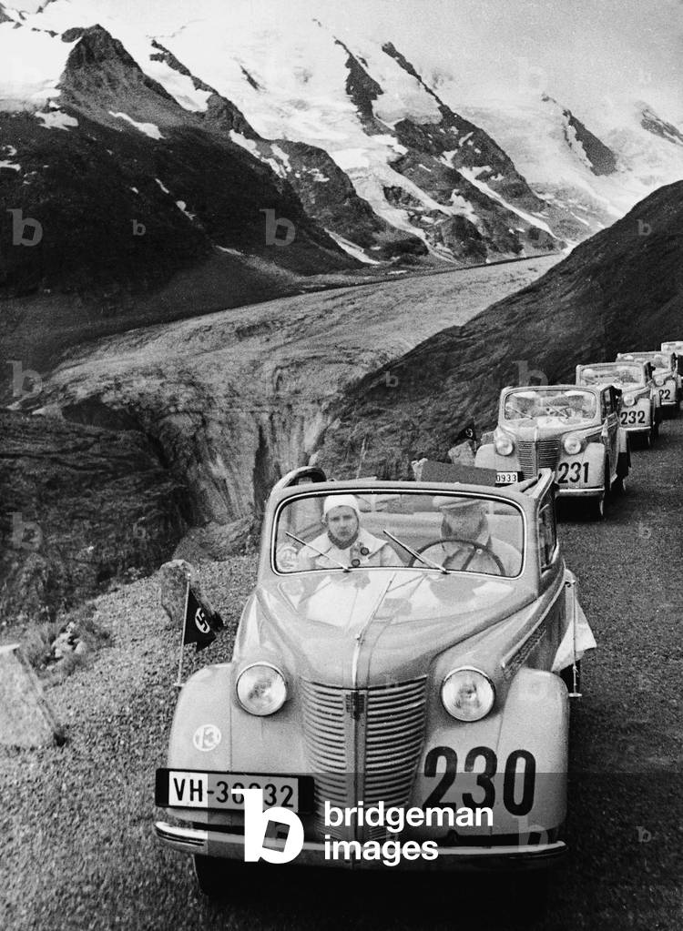 Opel 'Olympia' on the way to the  first German Alpine Rally, 1938 (b/w photo)