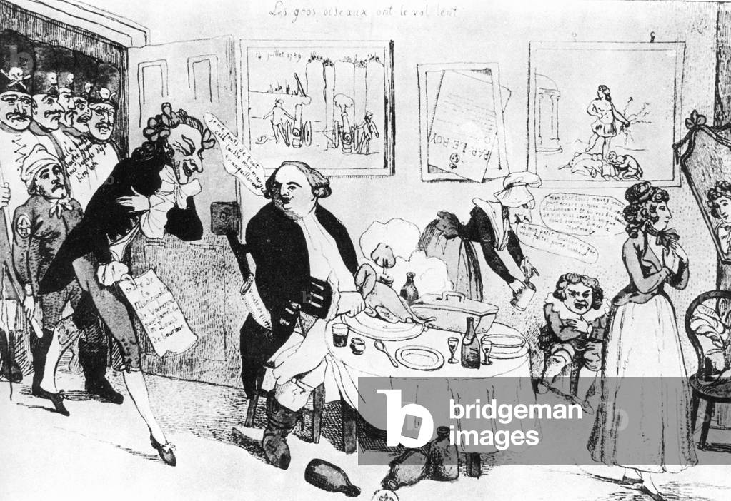 Ridicule drawing of the French royal family as they get arrested, 1793