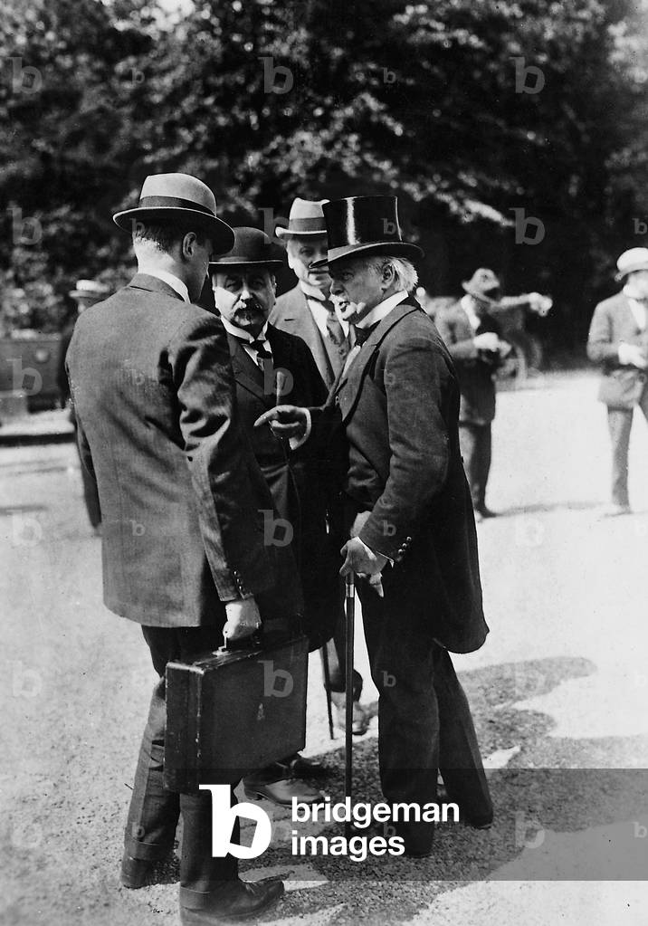 George Nathaniel Curzon, Leon Delacroix and David Lloyd George at the conference in Spa, 1920 (b/w photo)