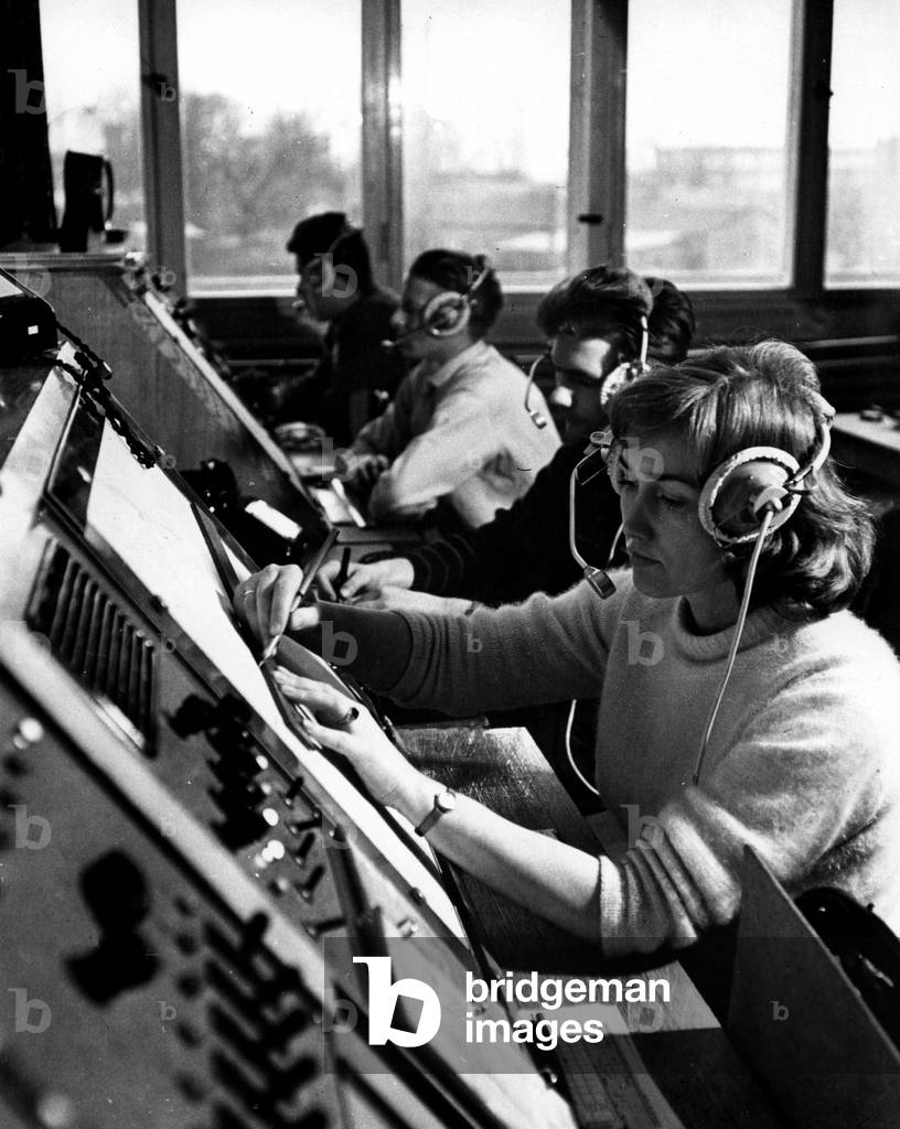 Air traffic controllers, Schönefeld airport, 1965 (b/w photo)