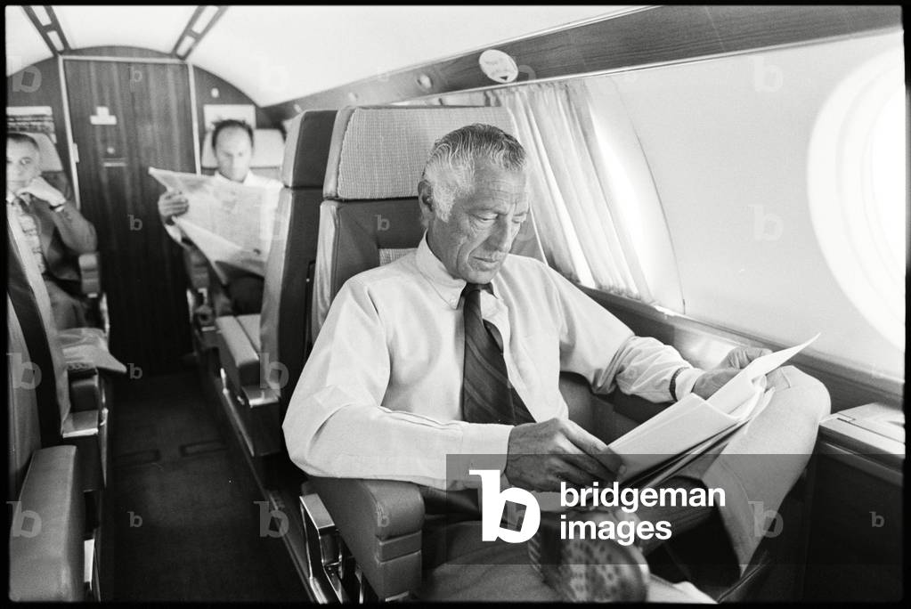 Gianni Agnelli on the plane, 1975 (b/w photo)