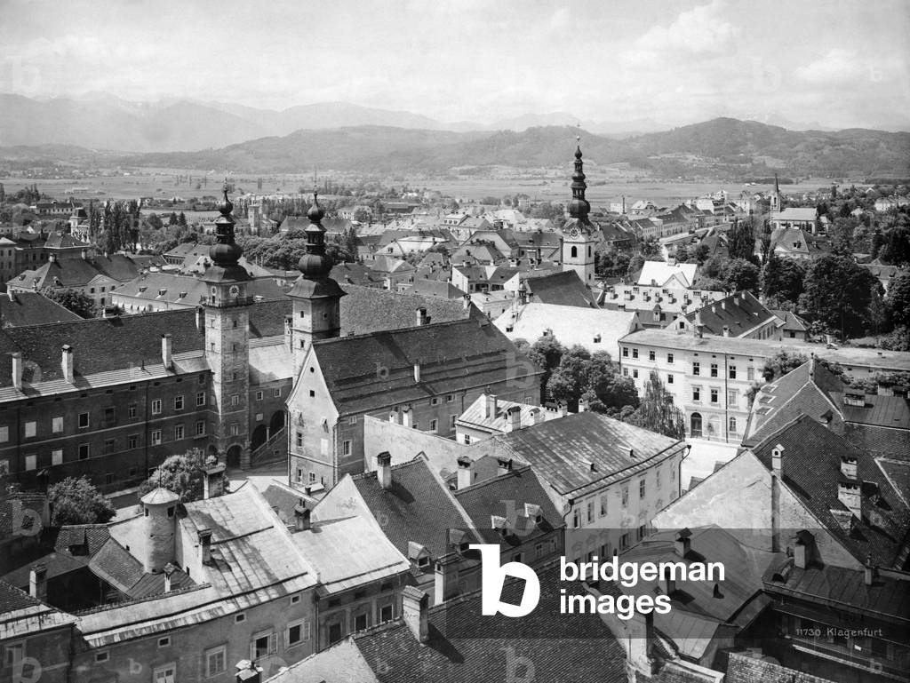 Aerial view of Klagenfurt am Wörthersee, Carinthia, Austria (b/w photo)