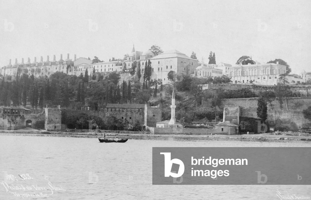 View of the Topkapi Palace from the Sea of Marmara (b/w photo)