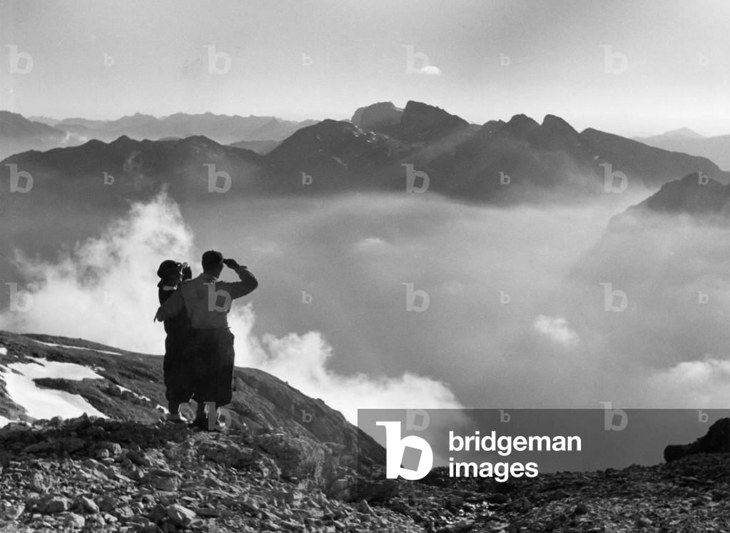 Mountain valley in the evening light, 1938 (b/w photo)
