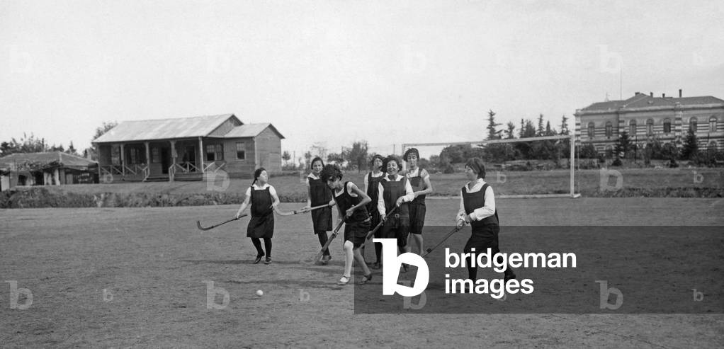 Turkish schoolgirls playing hockey, 1932 (b/w photo)