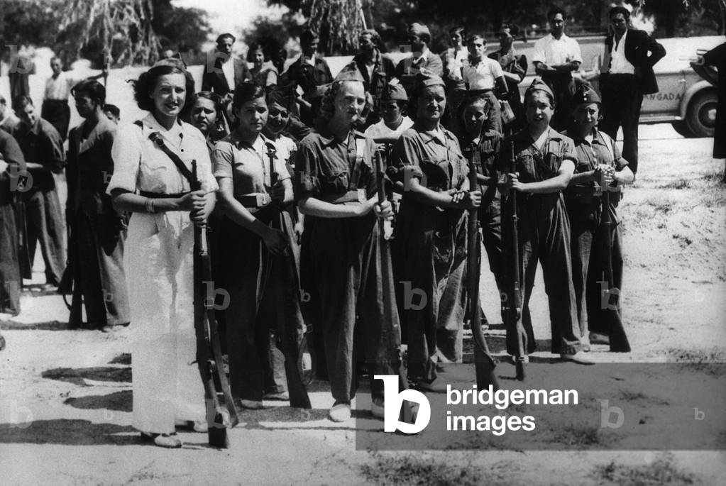 Female fighters of the Largo Caballero Battalion before their departure to the front in Madrid, 1936
