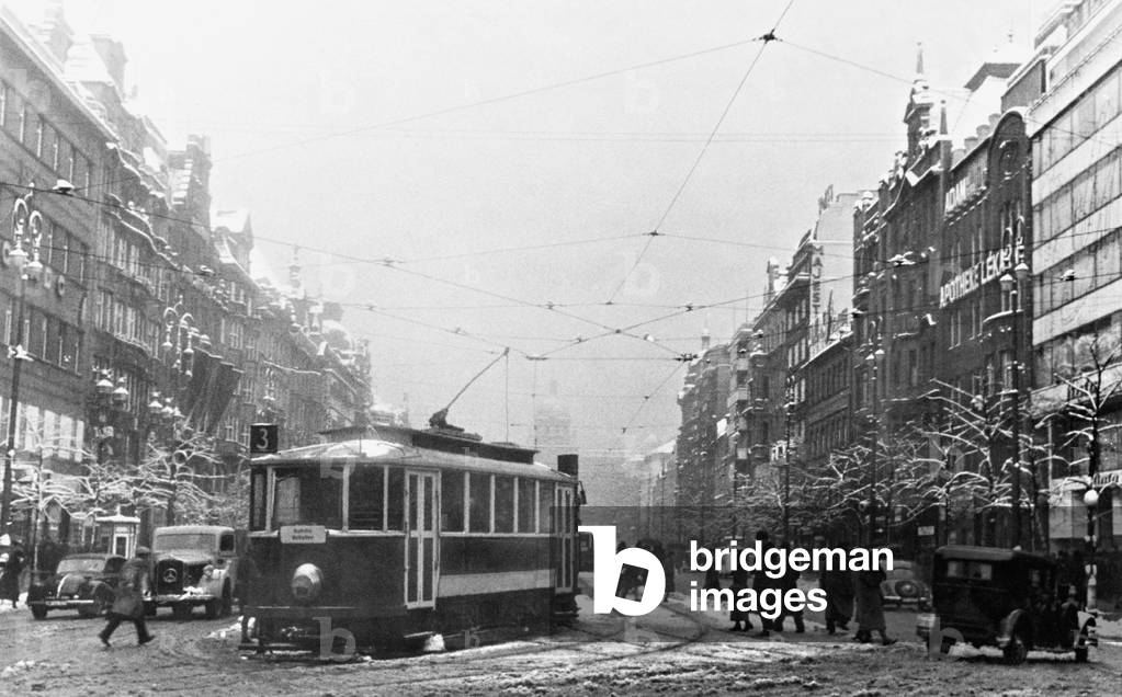 A street scene in Prague, 1940 (b/w photo)