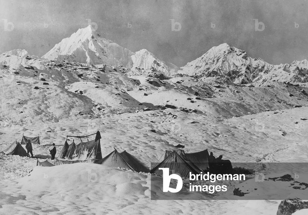 Tent camp of an expedition on the Kanchenjunga, 1900 (b/w photo)