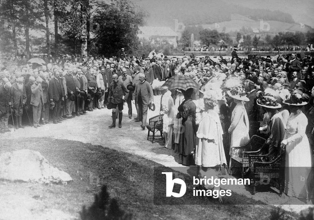 Emperor Franz Joseph I at the unveiling of his monument in Bad Ischl, 1910 (b/w photo)