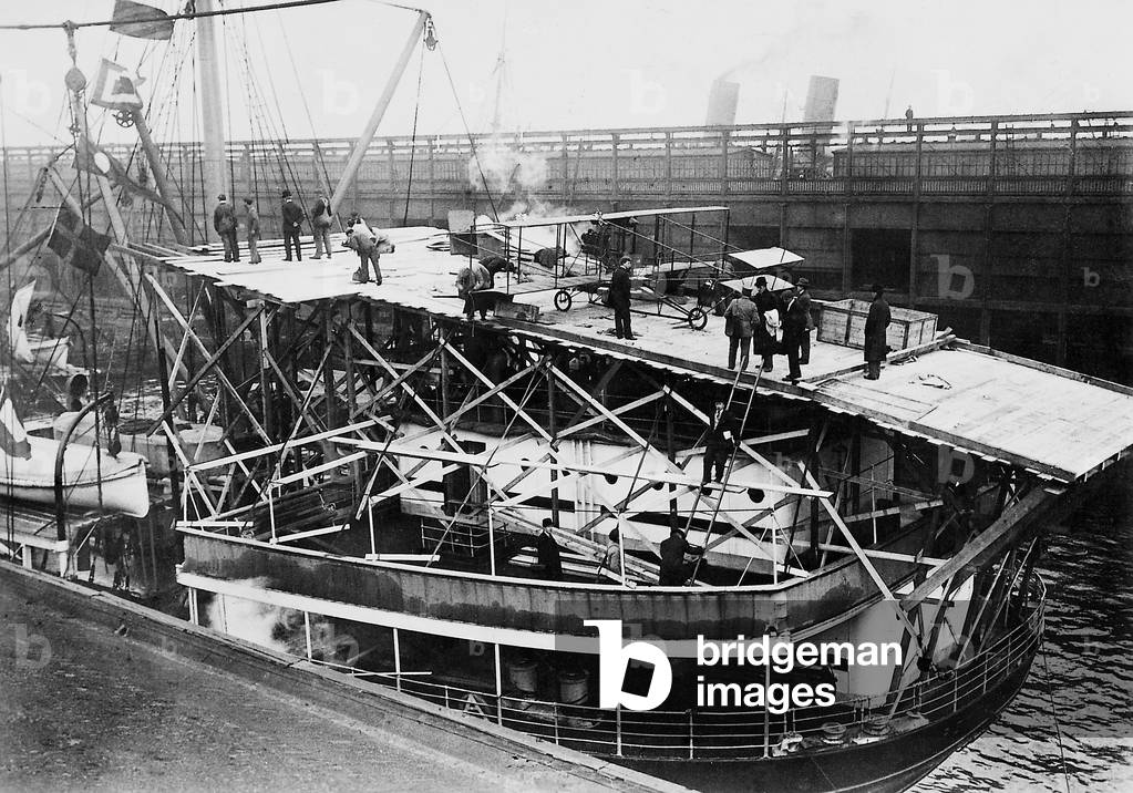 Launch of a biplane from the board of the 'Pennsylvania', 1910 (b/w photo)