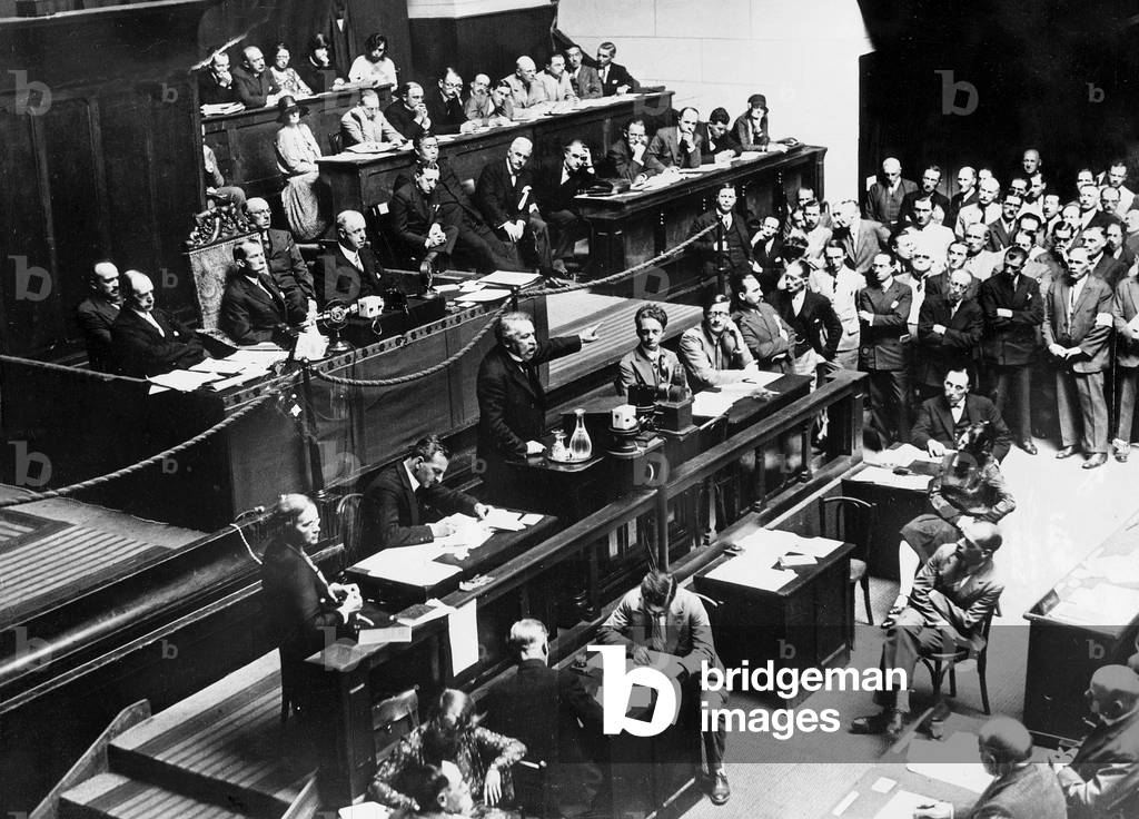 Aristide Briand during a speech before the League of Nations, 1929 (b/w photo)