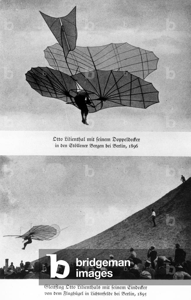 Otto Lilienthal attempting flight (b/w photo)