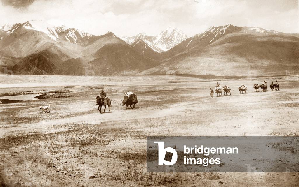 Tajik caravan in Pamir (b/w photo)